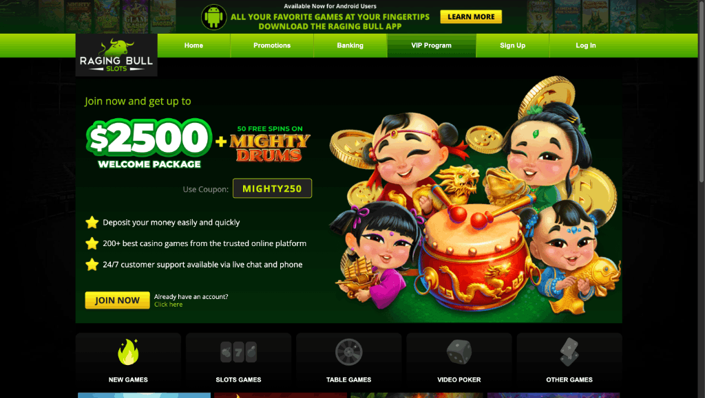 Raging Bull online casino homepage